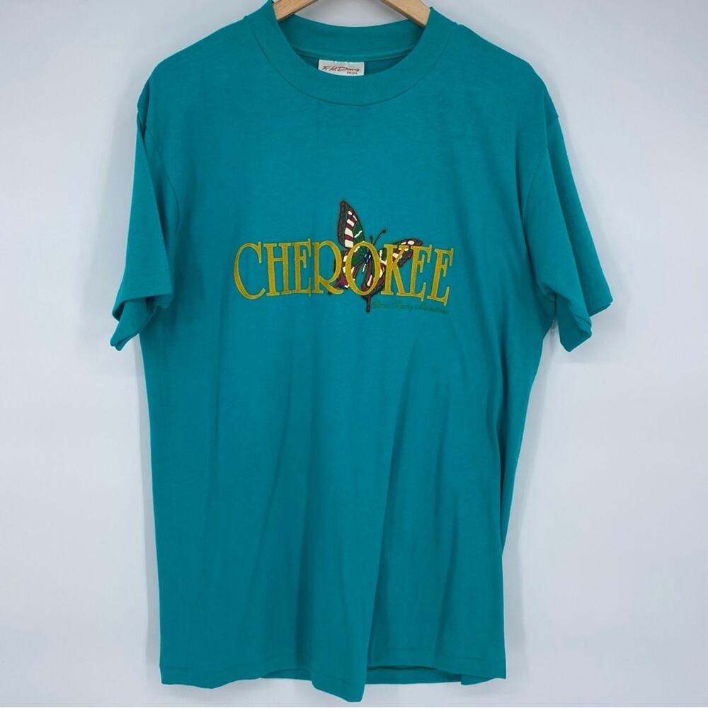 Vintage Single Stitch T-shirt Cherokee Great Smoky Mountains 90s‎ Aqua Large